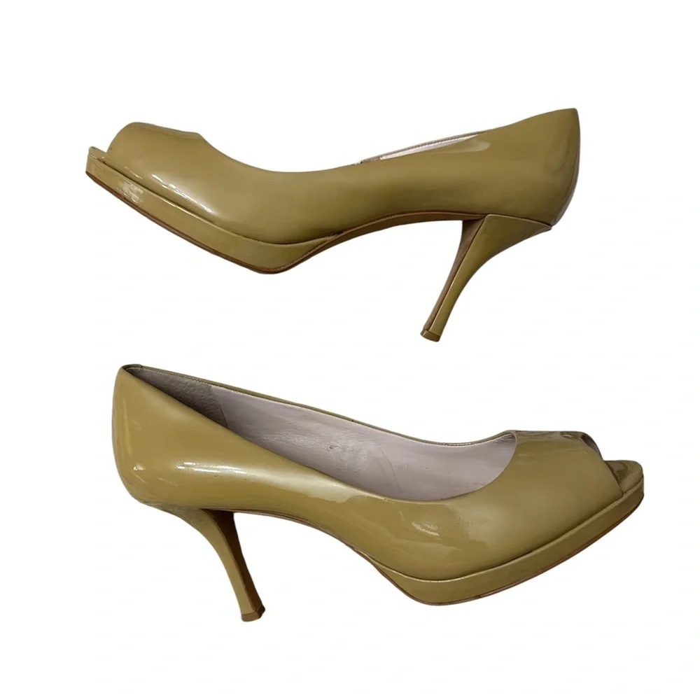 Vince Camuto Kira Blush Nude Patent Leather Tan Peep-Toe Heels
